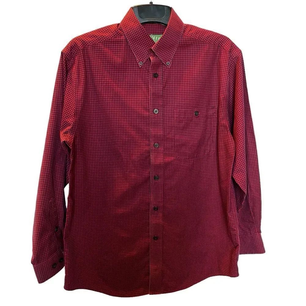 Orvis Men's Long Sleeve Button Down Cotton Shirt Dark Red/Navy Blue Plaid Medium